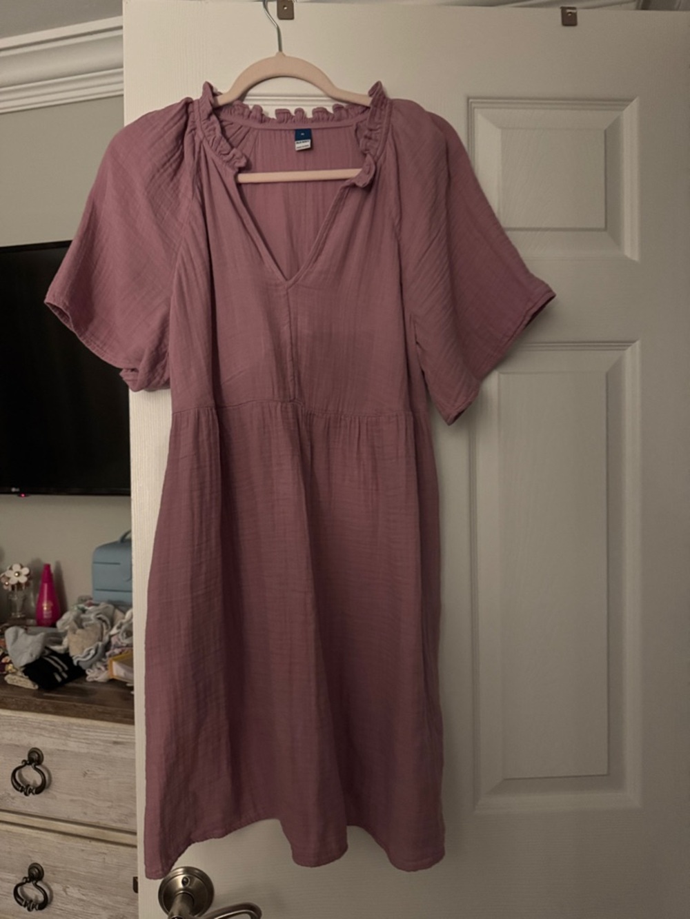 Old Navy Mauve Ruffled Neck Short Sleeve gauze Dress